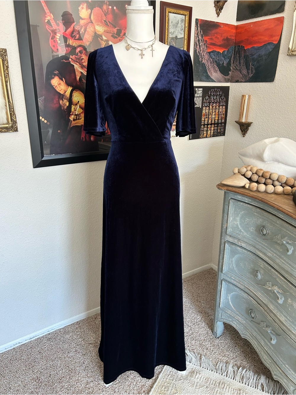 Whimsigoth Velvet Maxi Wrap Dress Size 14 Midnight Blue Bridesmaid Wedding Guest